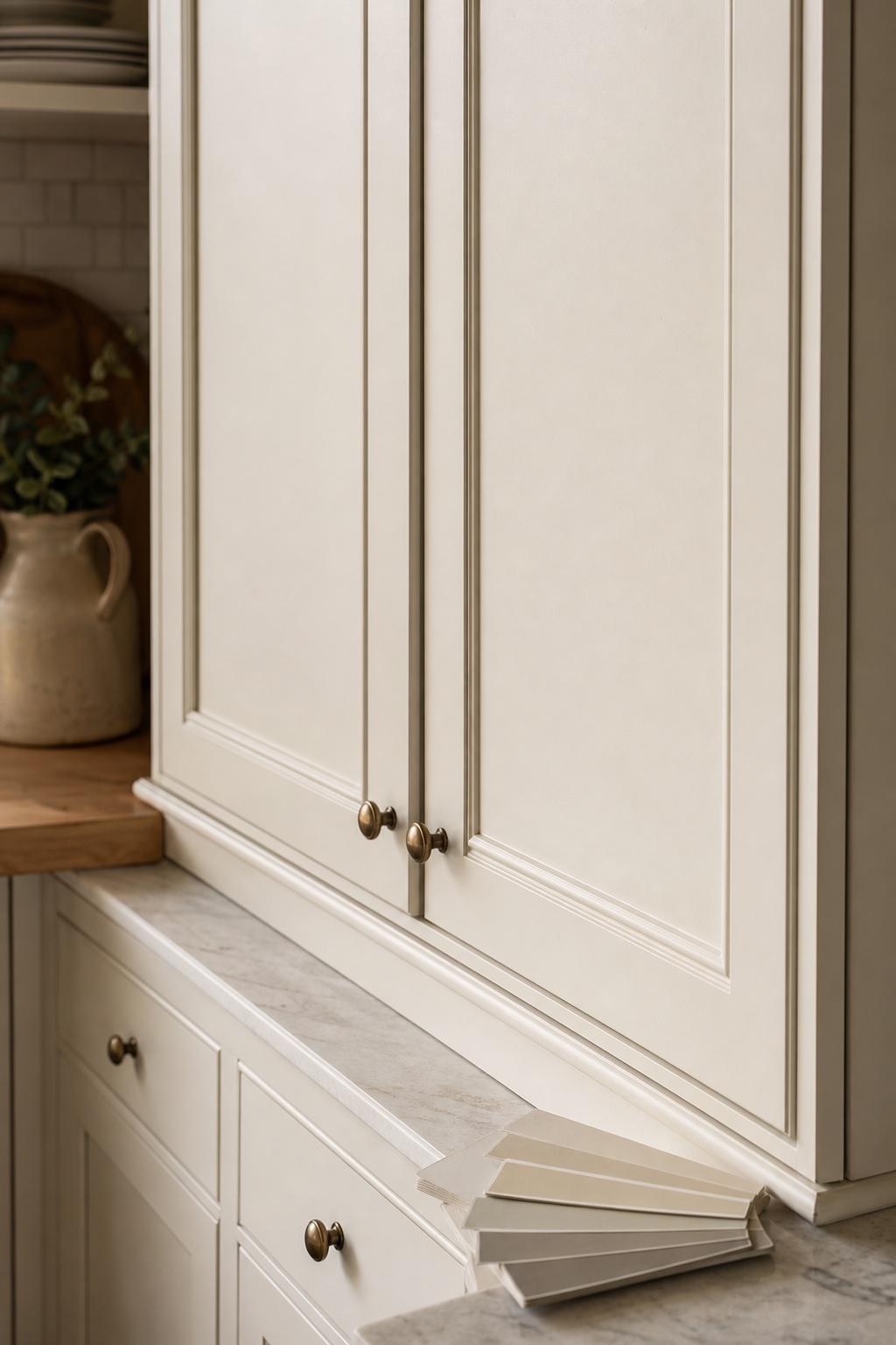 Warm off-white painted kitchen cabinets with neutral paint swatches on the counter