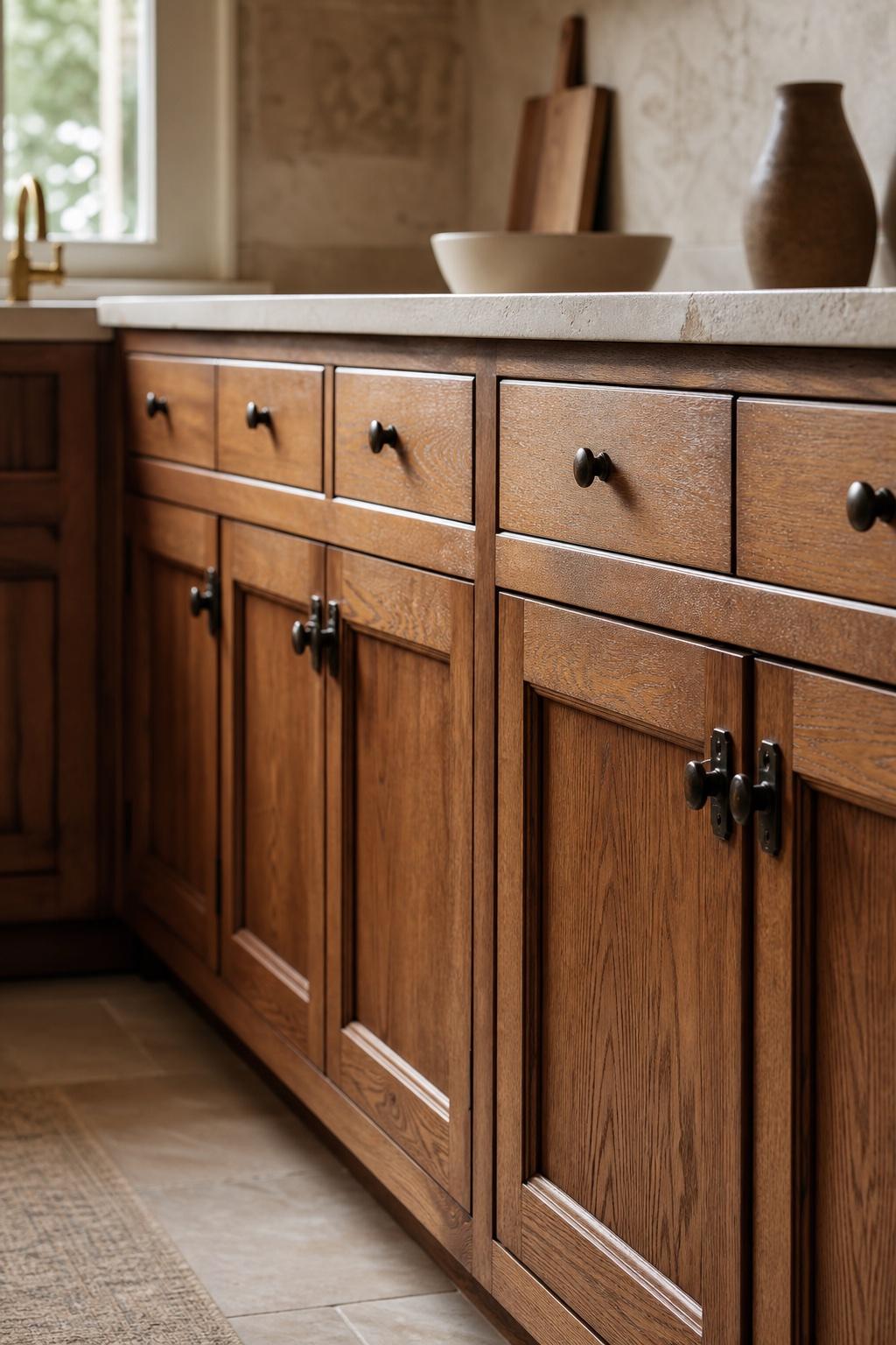 Original wood kitchen cabinets with visible grain and preserved joinery